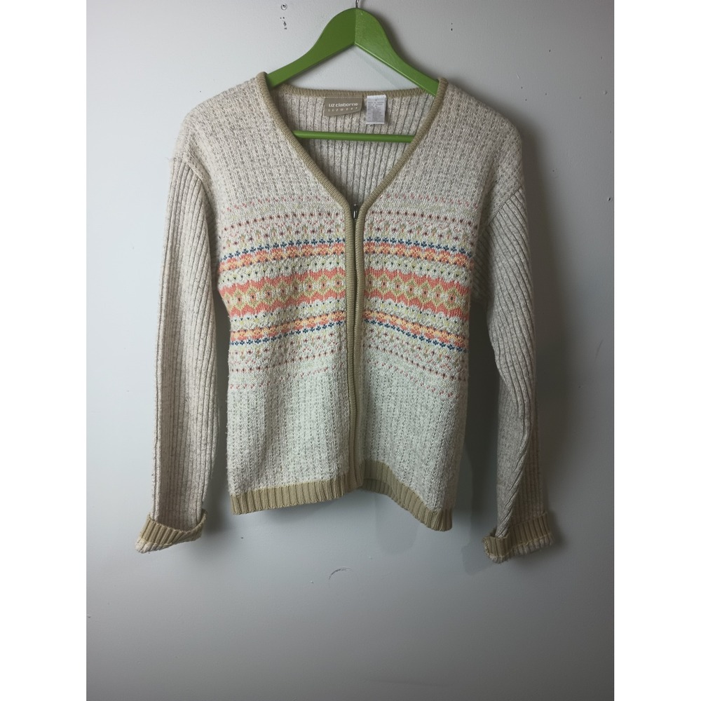 Liz Claiborne Lizwear Vintage Fair Isle Zip Front Cardigan Sweater Oatmeal Small